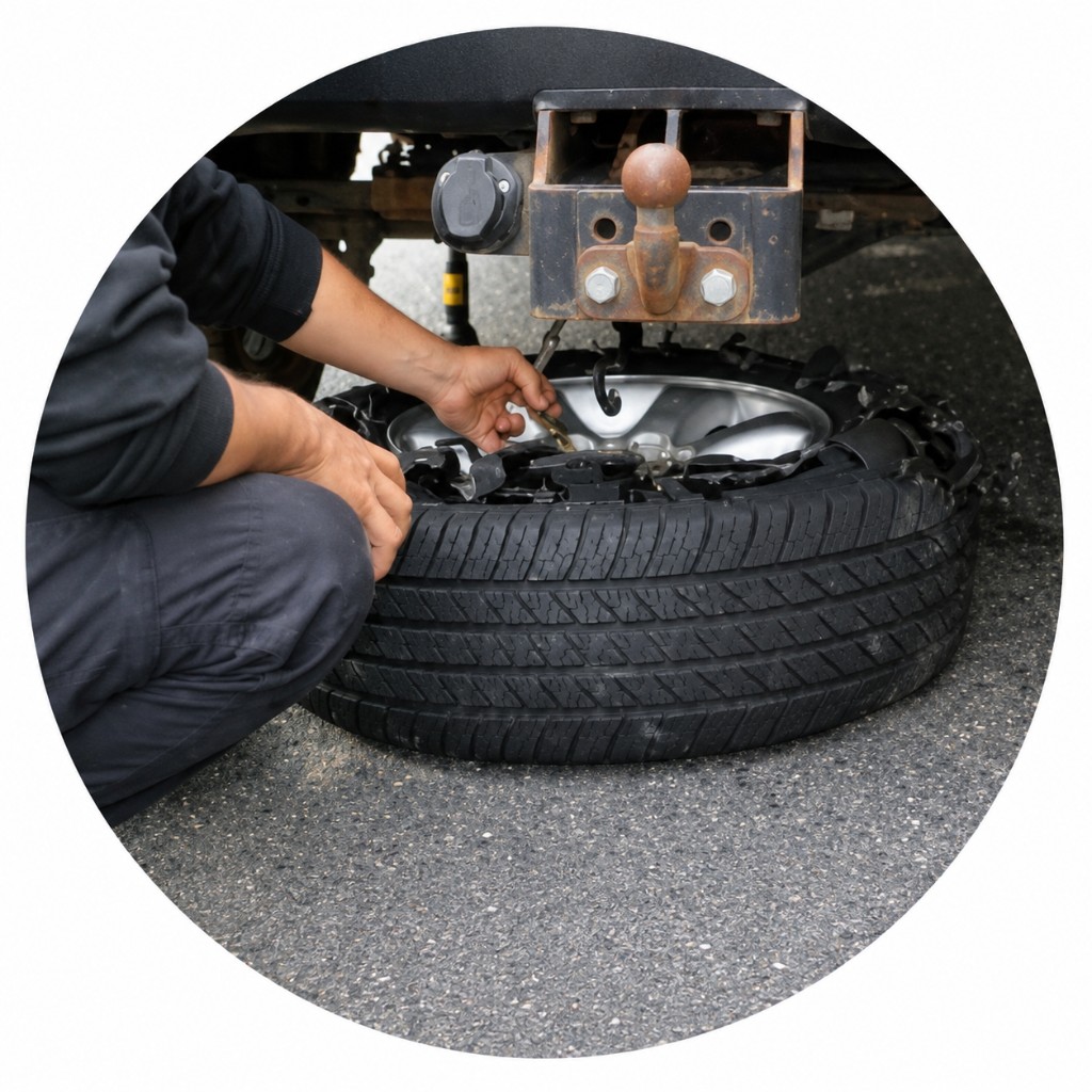 Mechanic inspecting a damaged tire on the road
