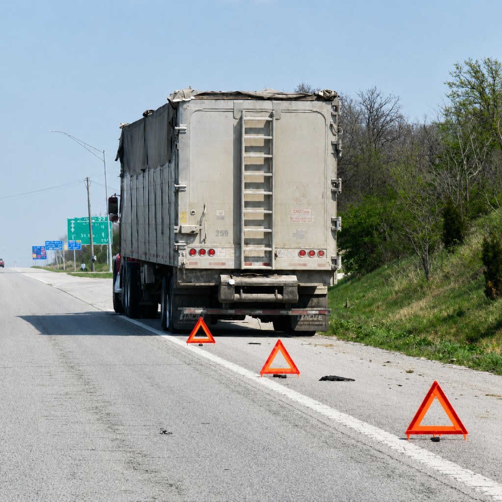 Commercial truck roadside with hazard triangles