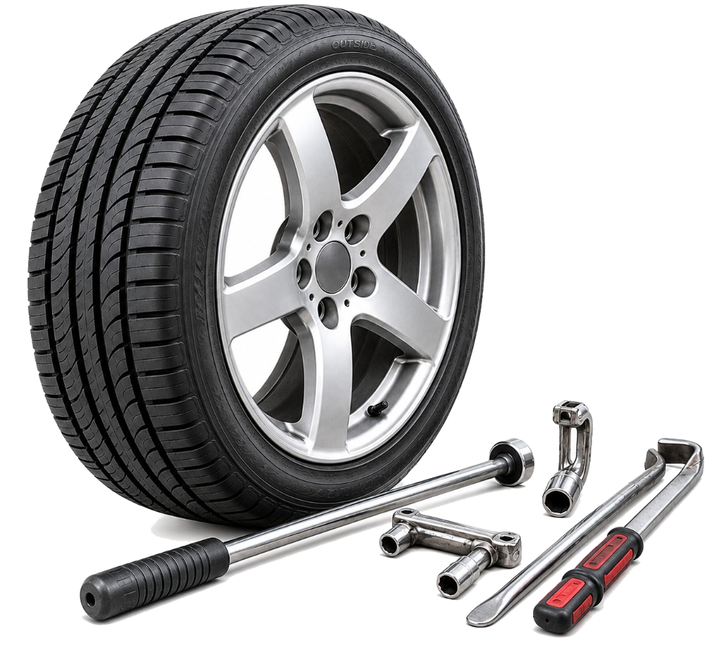 Tire on a rim with tire irons and socket tools